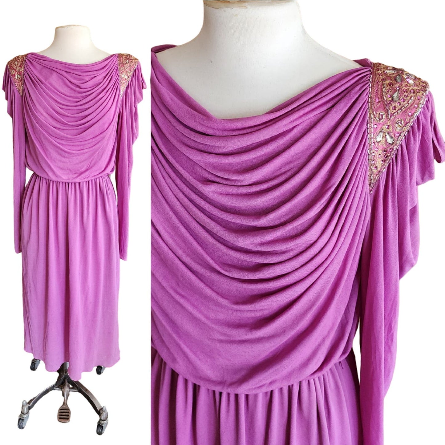 Vintage 80s Purple Evening Dress Grecian Drape Torso Beaded Shoulders Jonathan Hitchcock