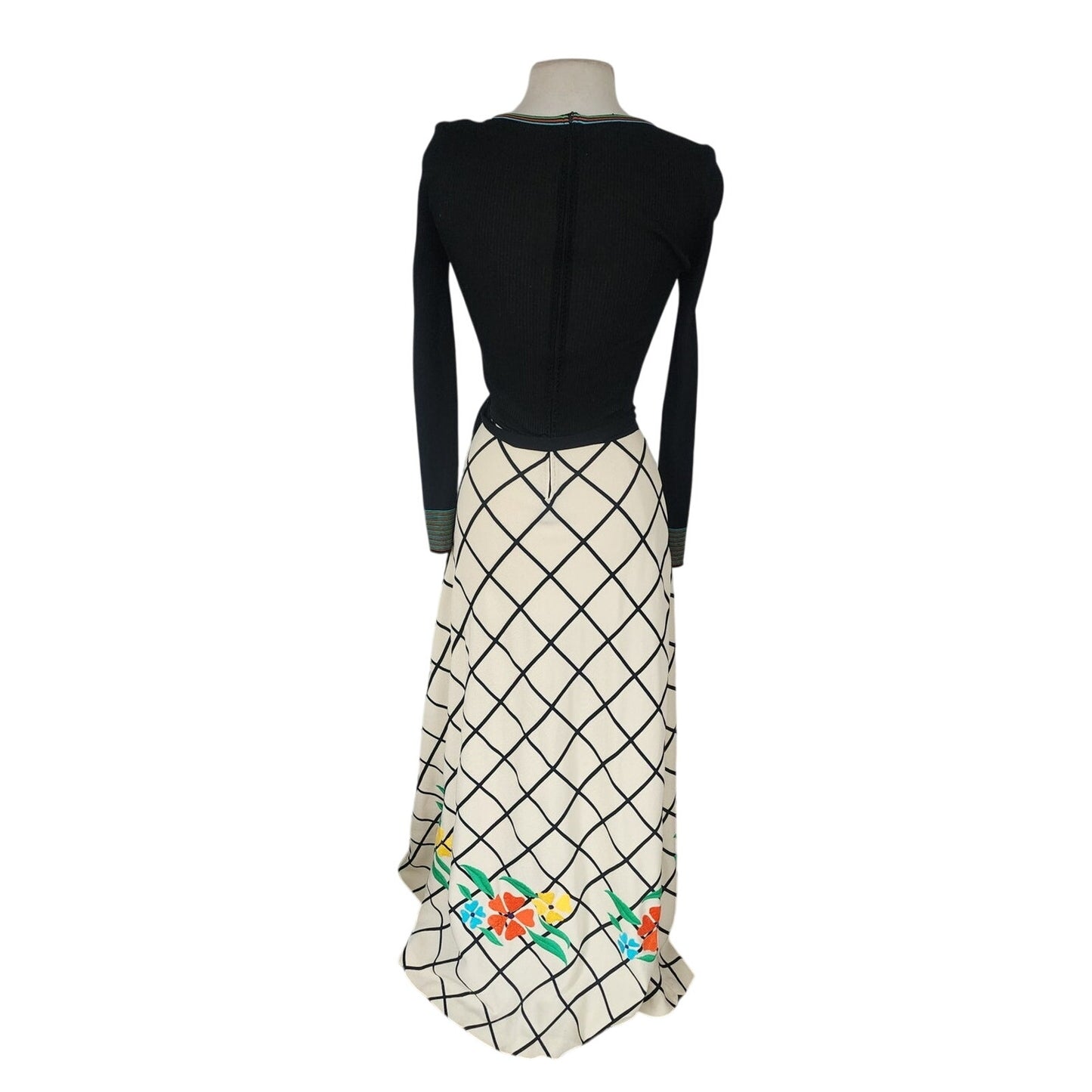 Vintage 70s Boho Maxi Dress Black Knit Top Cream Windowpane Skirt Floral Crissa Italy