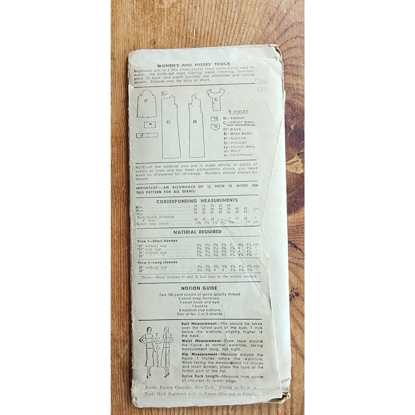 Vintage 30s Sewing Pattern ORIGINAL: Button Front Dress Excella Pattern 4889 Bust 36