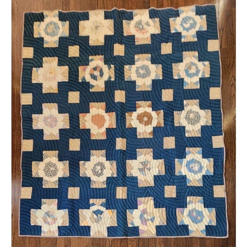 Antique 1800s Quilt Variable Stars Scraps Sampler Crossed Roads Dark Blue w/Cream Crosses