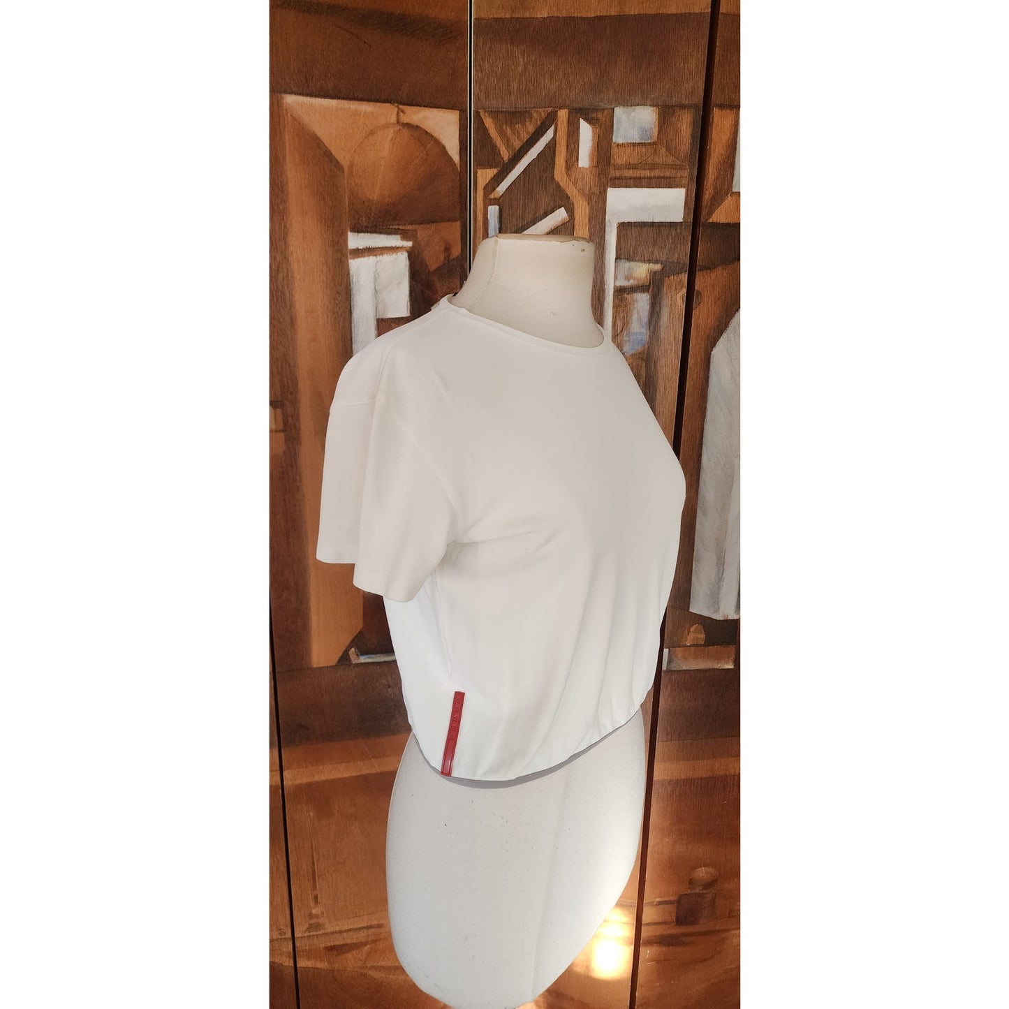 Vintage Y2K 90s Prada Linea Rossa Sport White Crop Top S/S Red Logo Panel