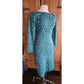 Vintage 80s Teal Blue Dress Black Floral Print, Keyhole Back Regina Kravitz