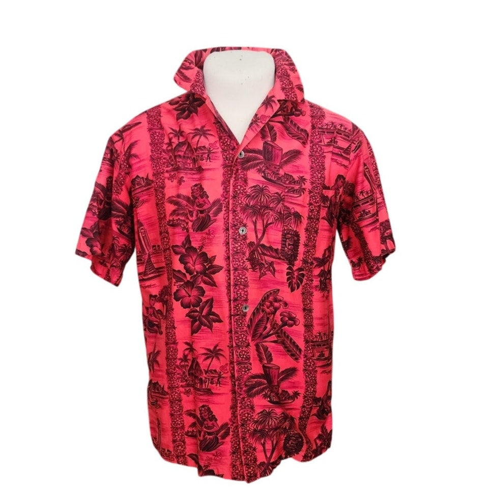 Vintage 60s Men's Red Hawaiian Shirt Surf Scenic Tiki Huts Cotton Short Sleeve