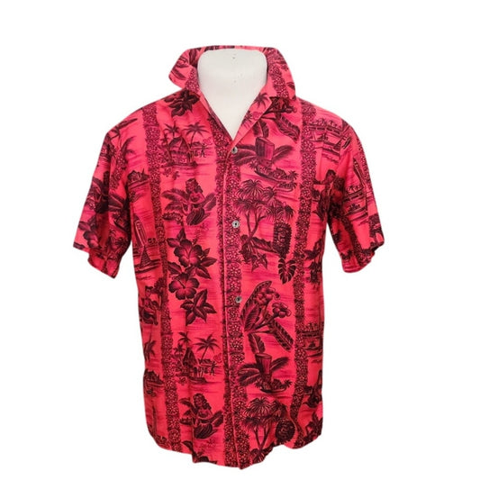 Vintage 60s Men's Red Hawaiian Shirt Surf Scenic Tiki Huts Cotton Short Sleeve