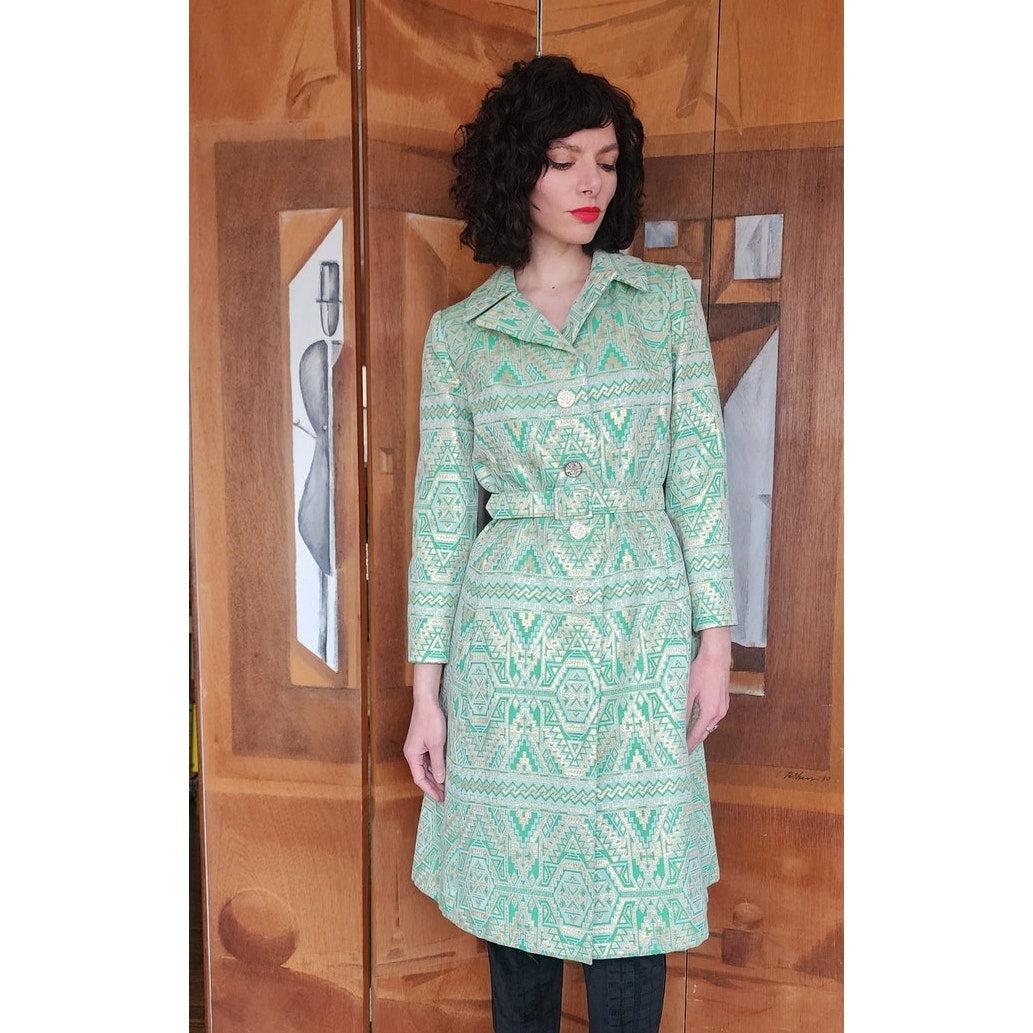 Vintage 60s Geometric Print Green Coat Mod Belted Chas A Stevens Medium