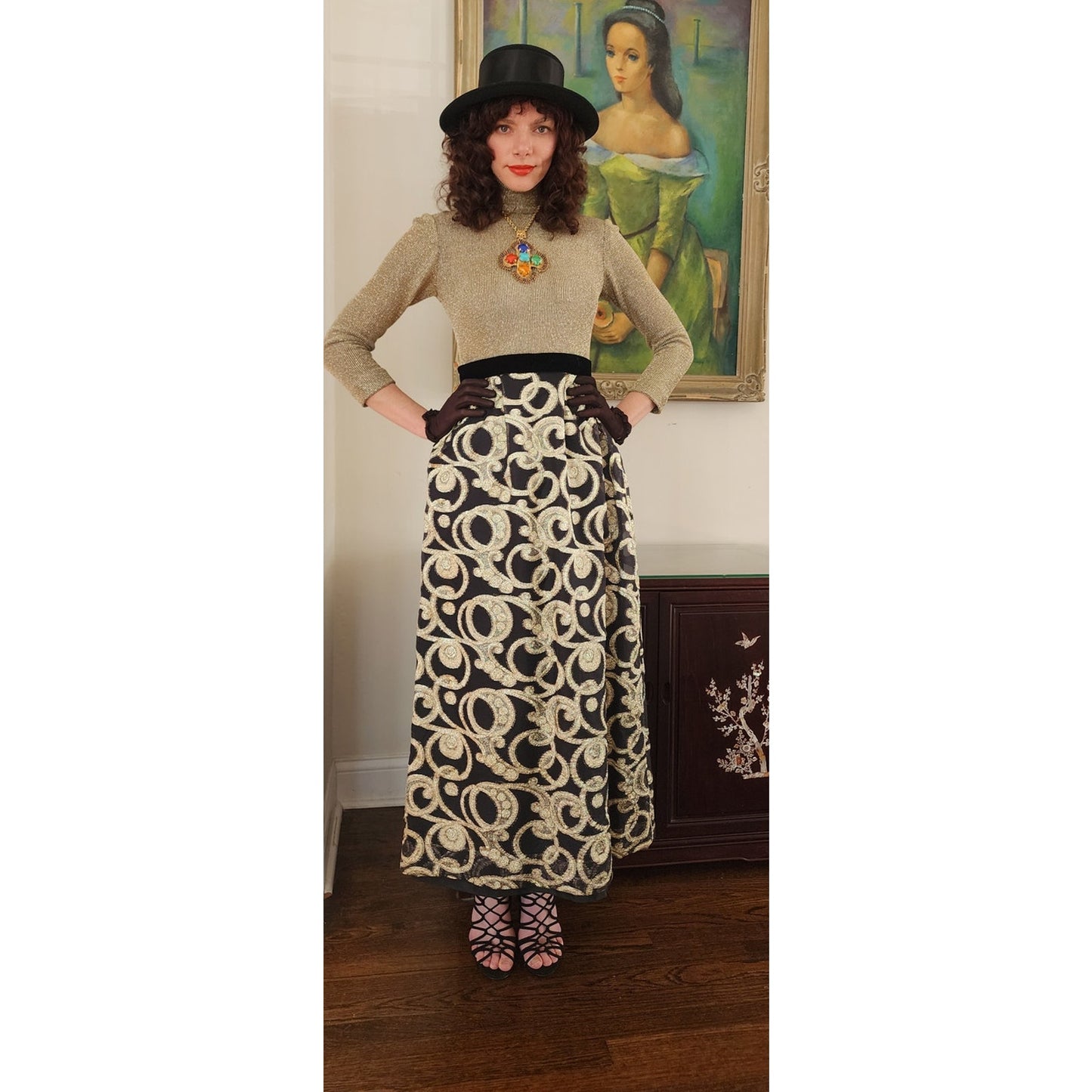 Vintage 1970s Gold & Black Maxi Dress Metallic Spiral Swirl / S