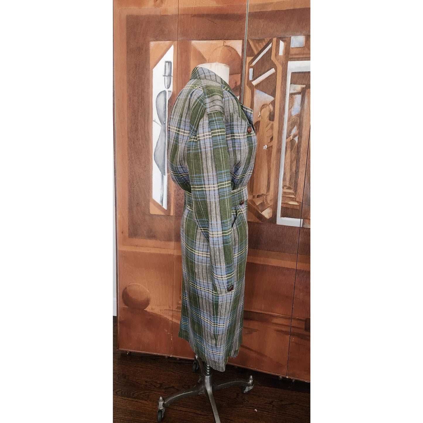 Vintage 1980s Thierry Mugler Dress Plaid Linen w/ Fringe Wrap Style Midi