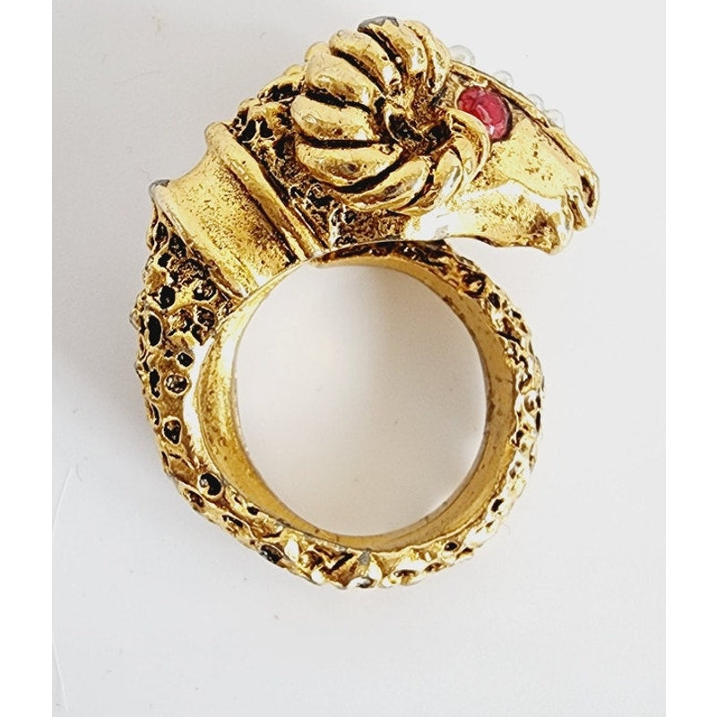 Vintage Ram's Head Ring Gold w/Rhinestones and Pearl 6.5