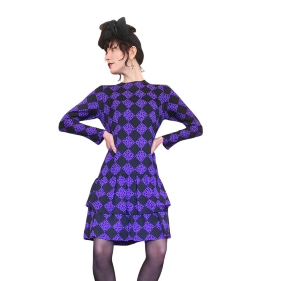 Vintage 80s GIVENCHY Silkprint Dress Purple Black Harlequin Diamonds Long Sleeved