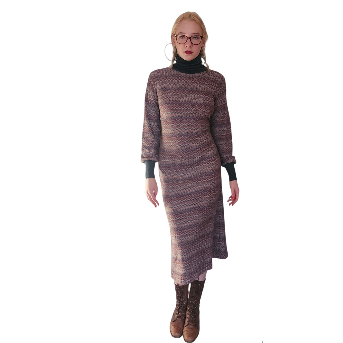 Vintage 70s MISSONI Knit Dress Long Sleeved Turtleneck Zigzag Pattern