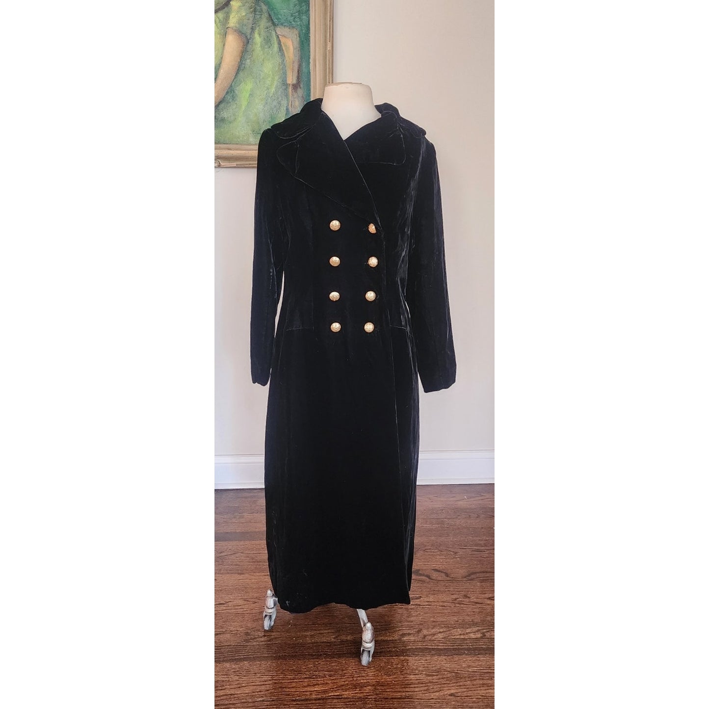 Vintage 1960s Black Velvet Opera Coat Double Breasted Gold Buttons