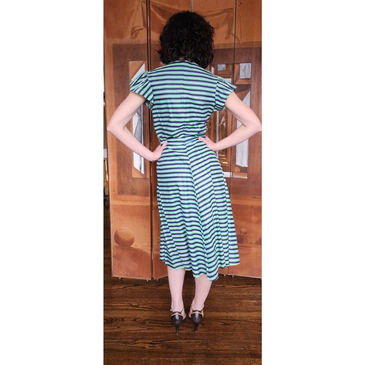 Vintage 50s Striped Fit and Flare Midi Day Dress Green Black Short Sleeves
