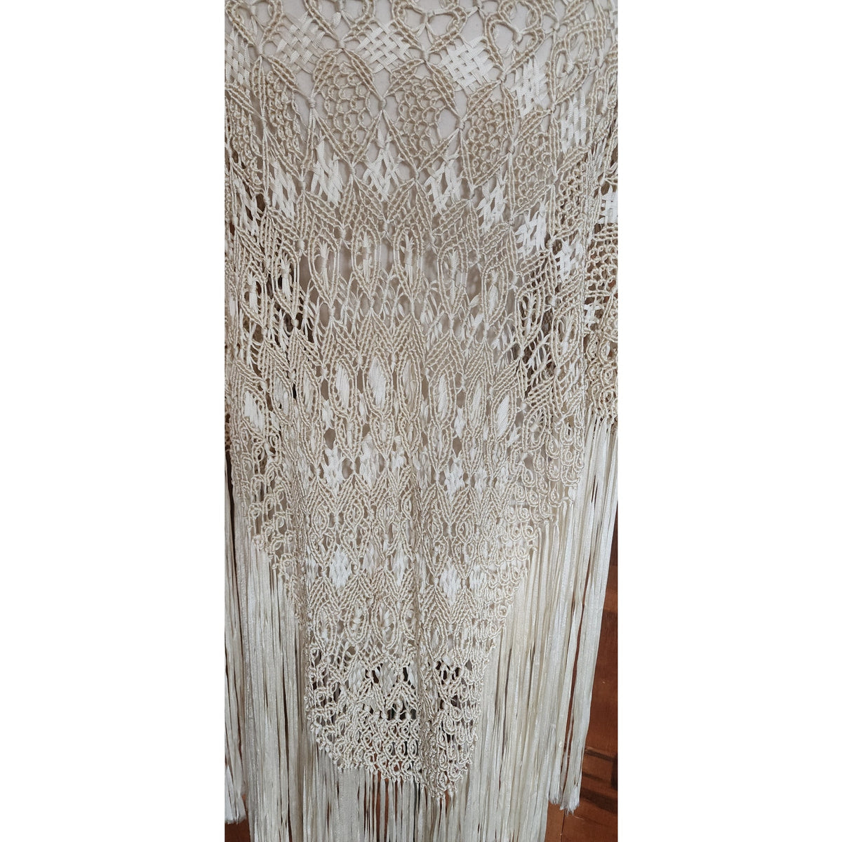 Vintage Cream Crochet Lace Piano Shawl Oversized Macrame Silk Ribbon Wrap Fringed