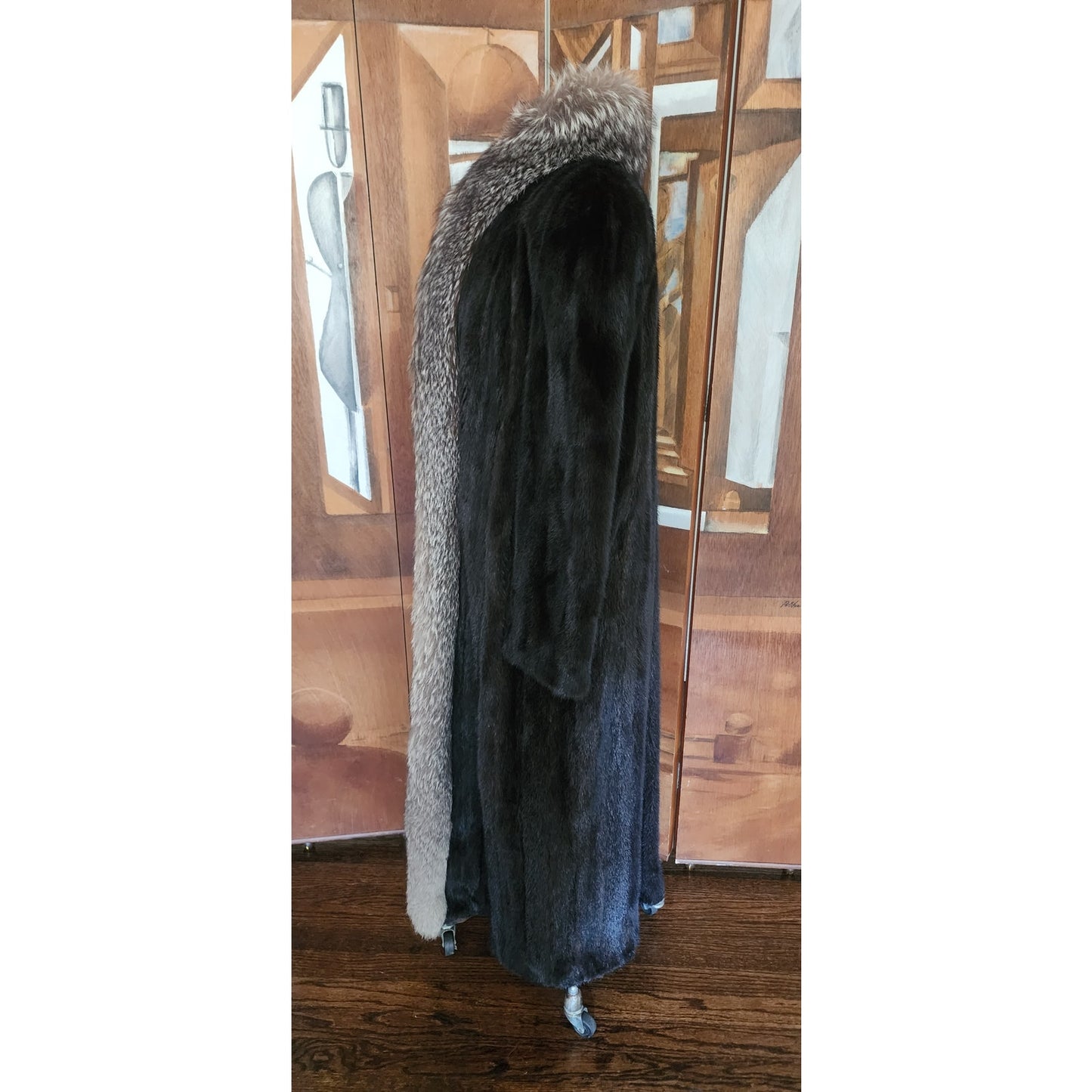 Vintage 80s Ranch Mink Black Fur Coat Long Silver Fox Tuxedo Collar Maxi