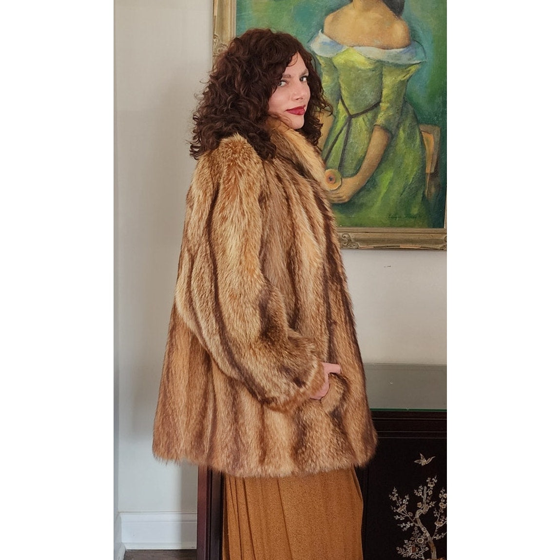 Vintage 1970s Fox Fur Jacket Hip Length Striped Boho / L