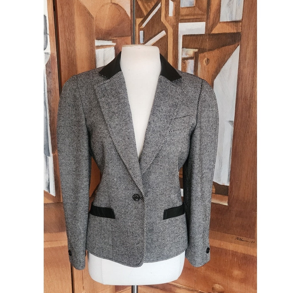 Vintage 80s GUY LAROCHE Gray Tweed Blazer Black Leather Collar / M