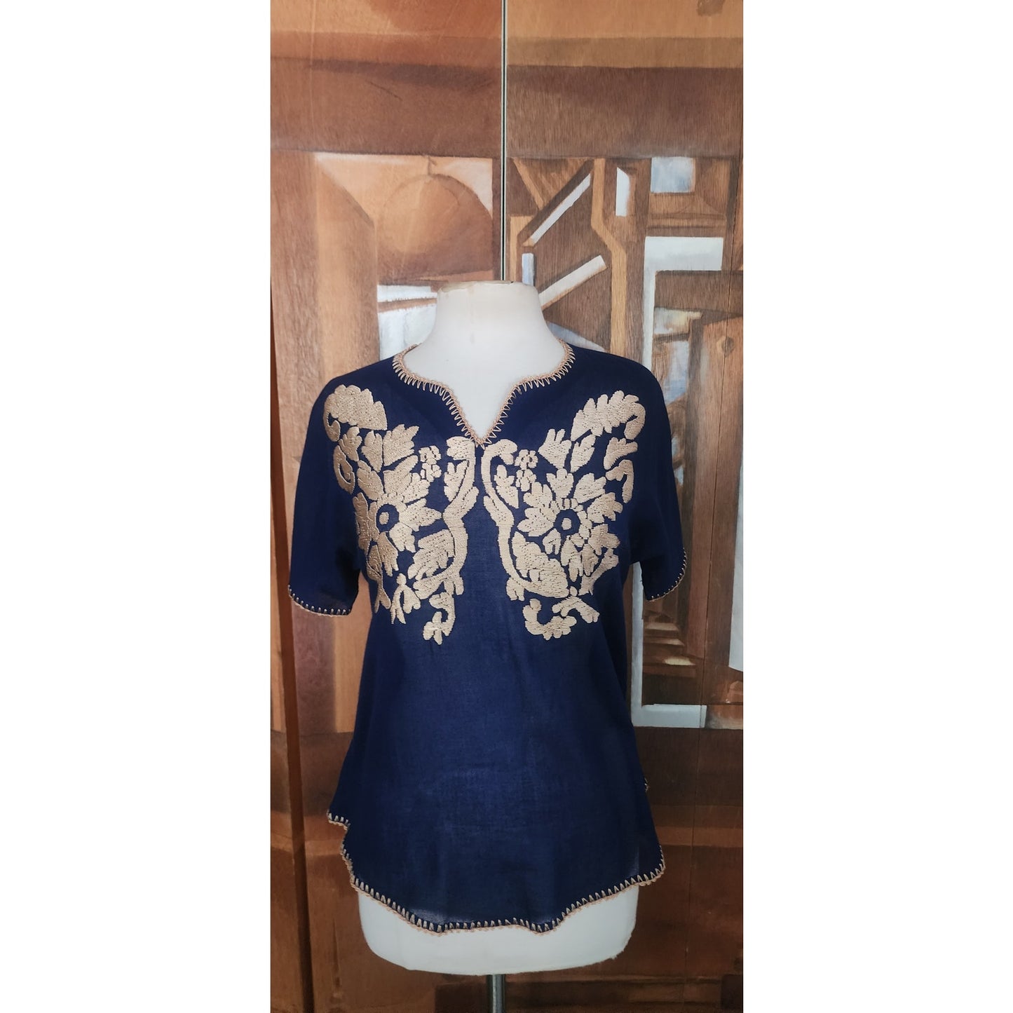 Vintage 70s 80s Royal Blue Gold Embroidered Tunic Top Sequin Caftan Blouse