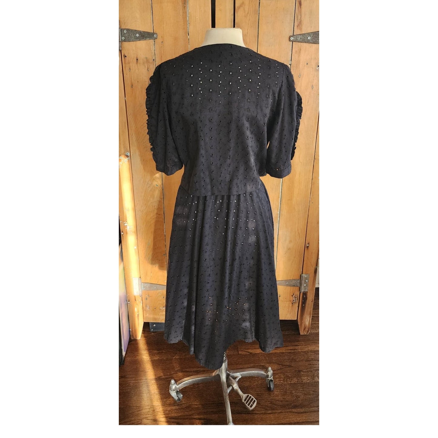 Vintage 70s Black Eyelet Lace Dress + Bolero Jacket Set Chetta B by Peter Noviello