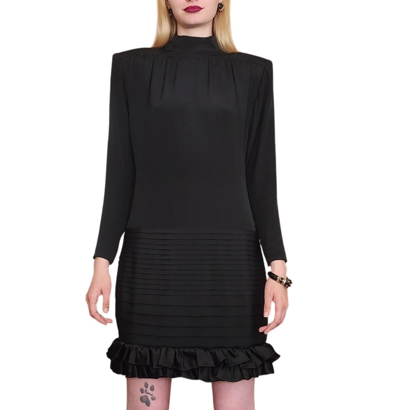 Vintage 1980s Galanos Dress Black Silk Crepe Mock Neck Pintuck Skirt Ruffle Hem