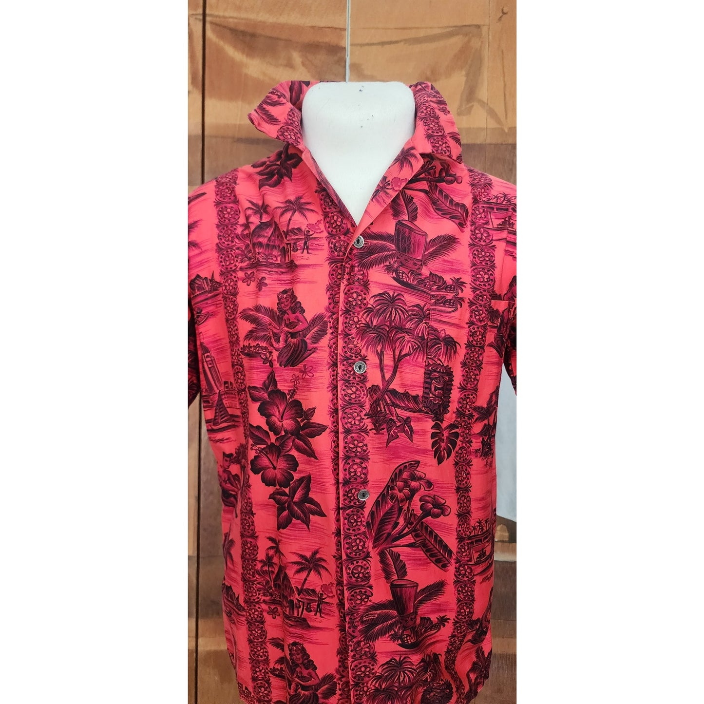 Vintage 60s Men's Red Hawaiian Shirt Surf Scenic Tiki Huts Cotton Short Sleeve