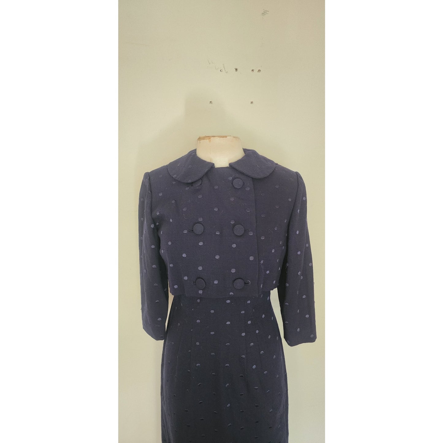 Vintage 50s Dress Jacket Suit Set Navy Blue Polkadot Wool Silk Bombshell Wiggle Viva Las Vegas