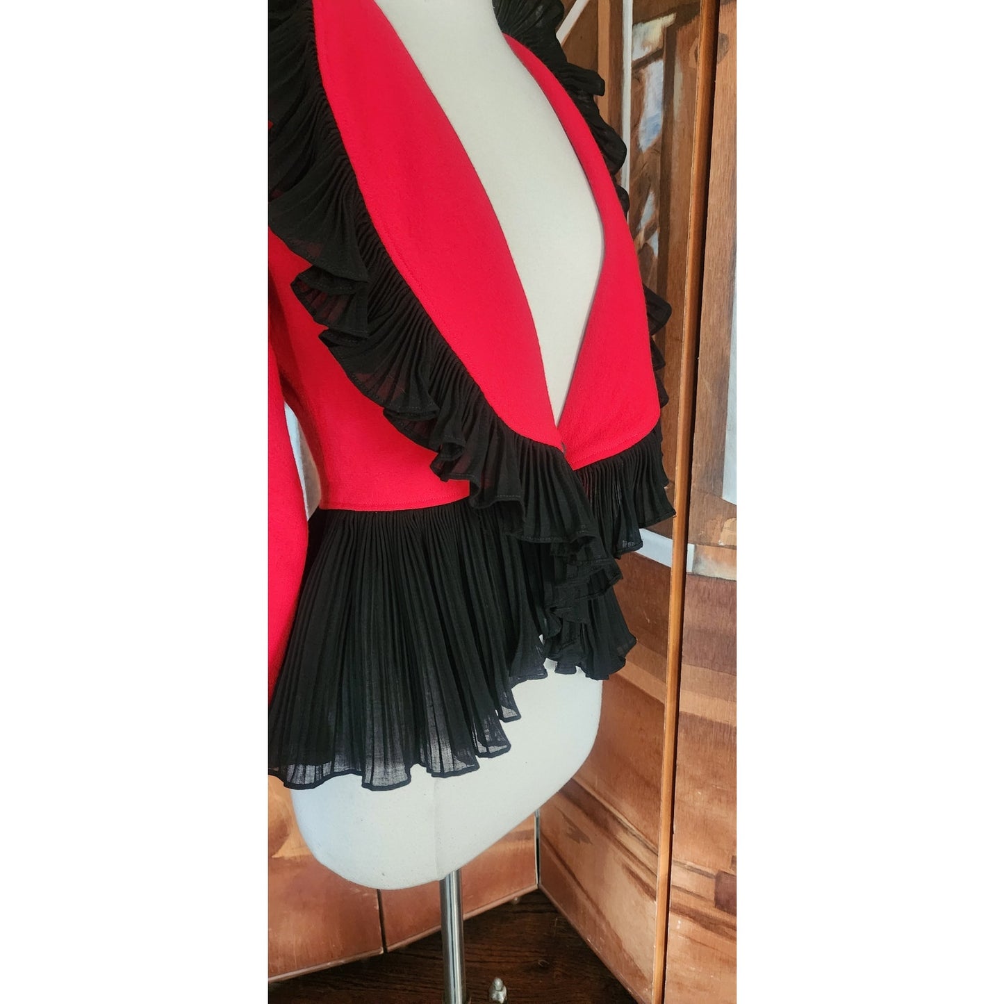 Vintage 1980s Jean Muir Jacket Red Black Ruffle Trim Evening Blazer