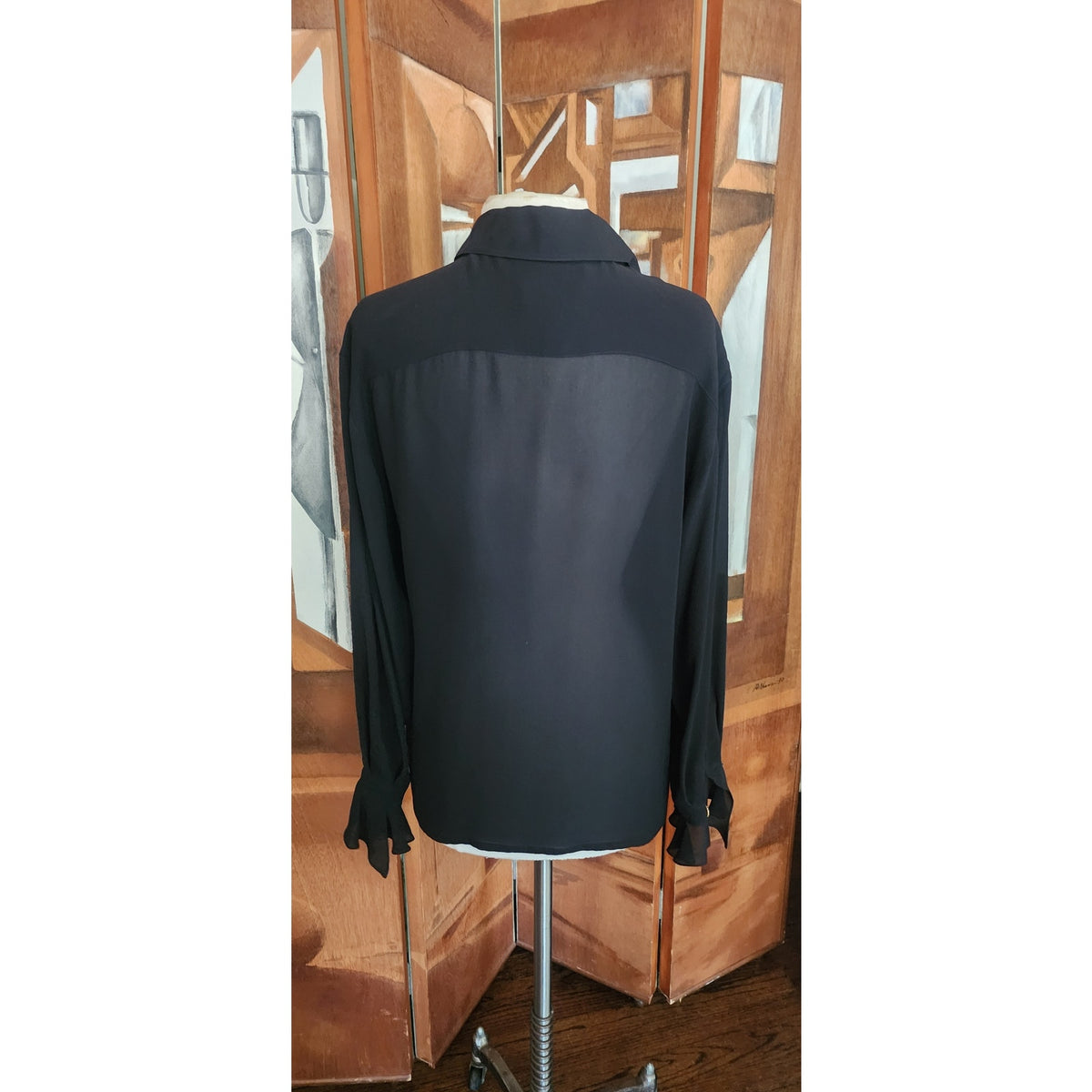 Vintage 1980s Karl Lagerfeld Blouse Black Silk Ruffled Front Poet Shirt Semi-Sheer