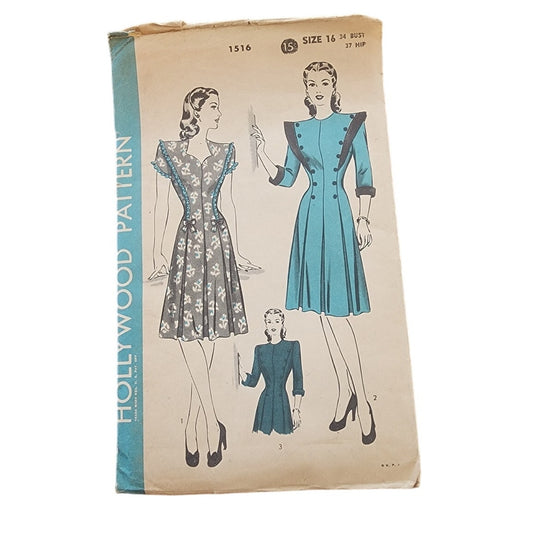 Vintage 40s Sewing Pattern ORIGINAL:  One-Piece Dress Hollywood 1516 Bust 34