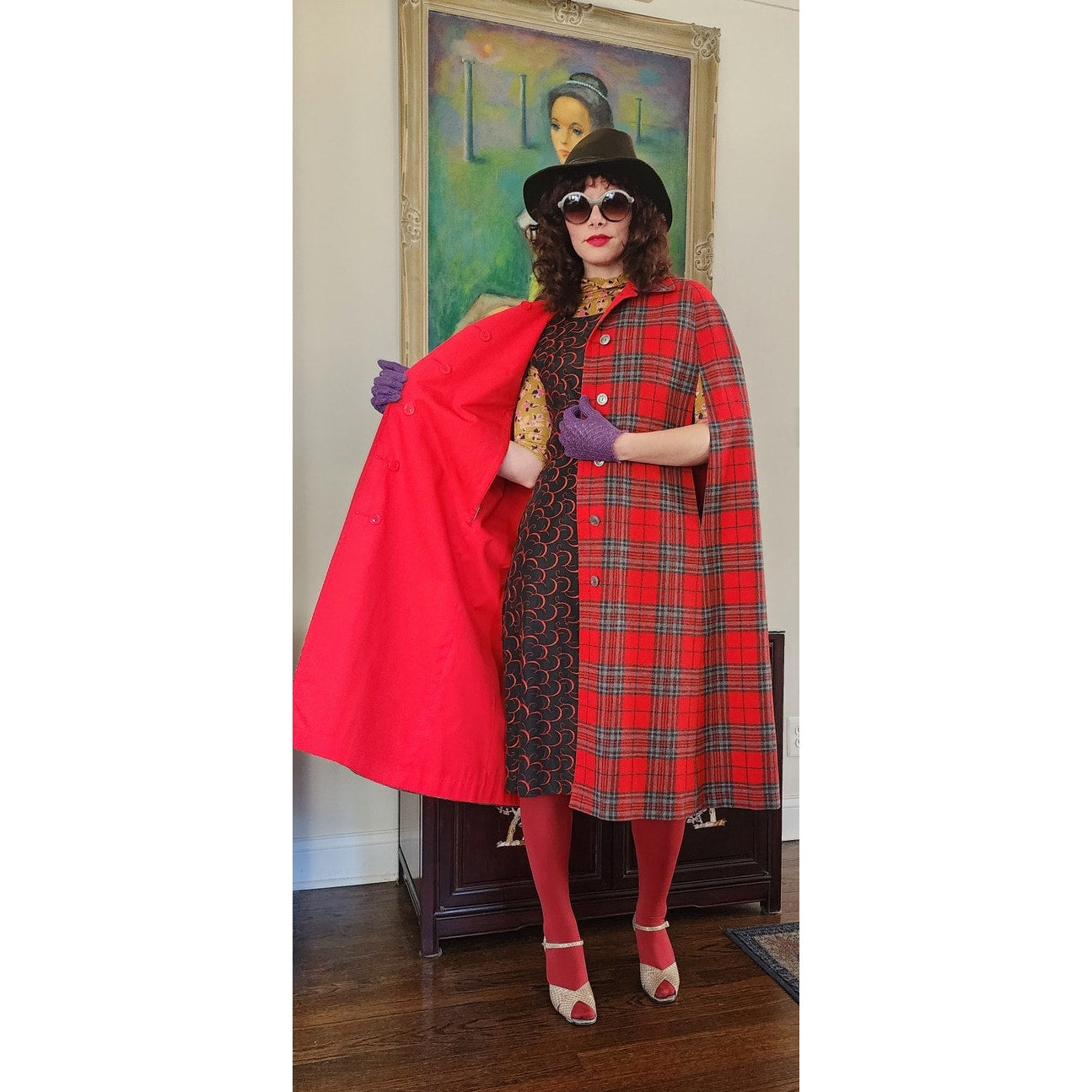 Vintage 60s Cape Red Plaid Reversible Cloak