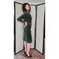 Vintage 80s Green Suede Dress Gold Button Back Firenze