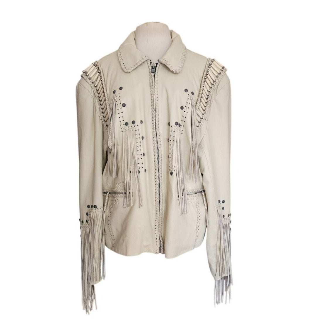 Vintage 1980s White Leather Jacket SUNRIDERS Fringe, Studs & Bone Beads XXL