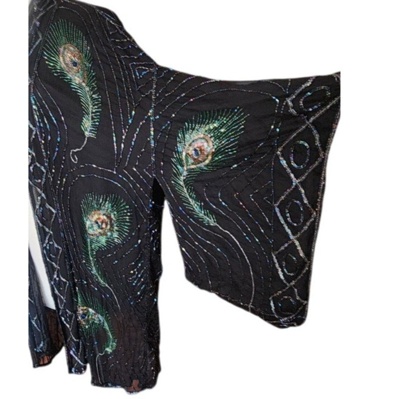 Vintage 1990s Evening Kimono Jacket Shimmering Peacock Feathers Beaded Black Duster Boho Chic Art Nouveau Deco