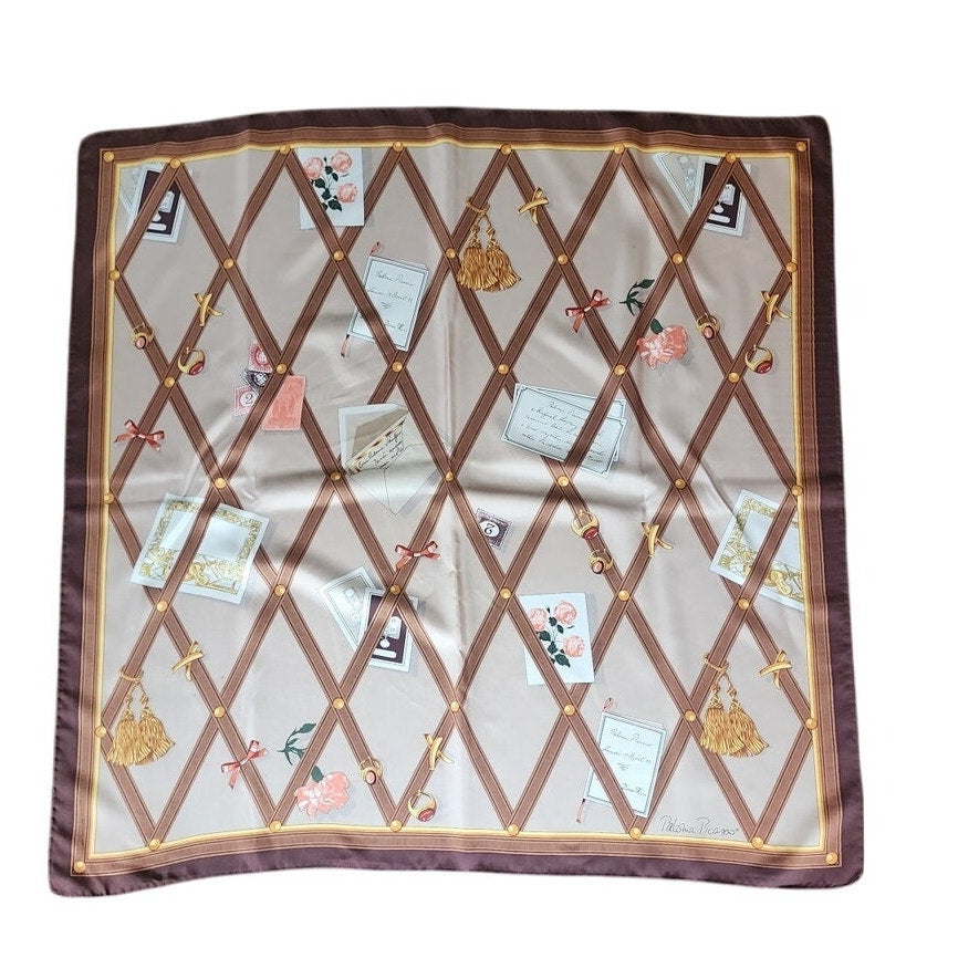 Vintage 90s Paloma Picasso Scarf Silk Brown Beige Novelty Print Bulletin Board
