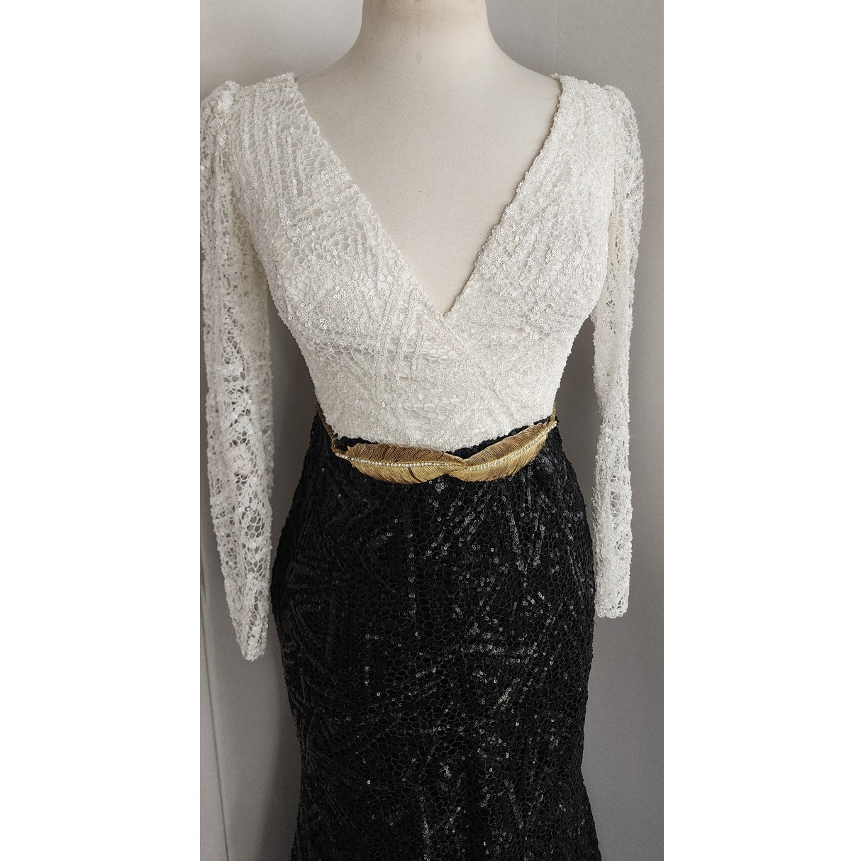 Vintage Evening Gown White Black Sequins Gold Leaf Belt w/Rhinestones