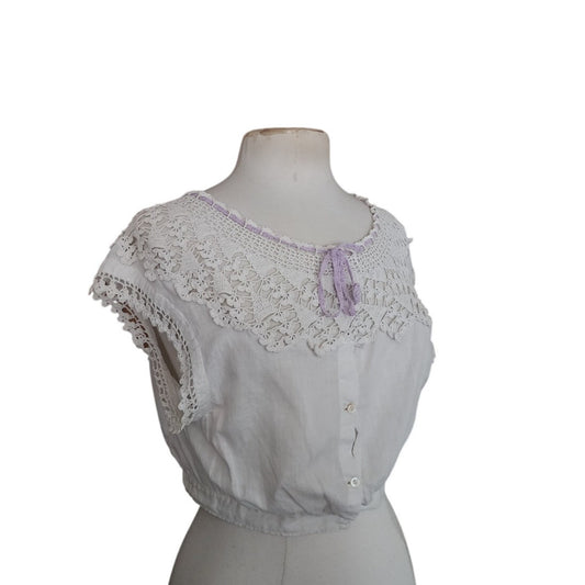 Vintage 1900s Blouse White Antique Edwardian Crochet Lace Cropped Top Button Down