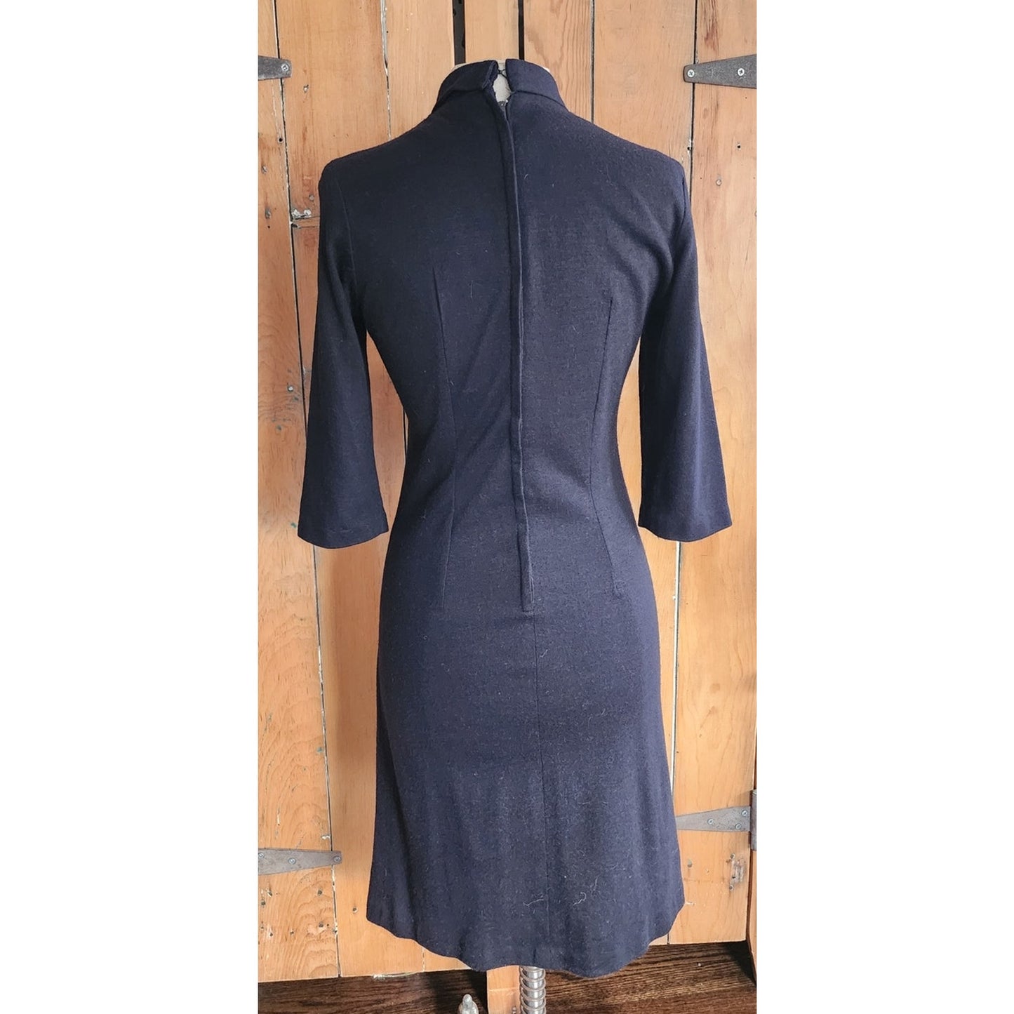 Vintage 1960s Mod Dress Black White Stripe Ascot Tie  Stretchy / Medium