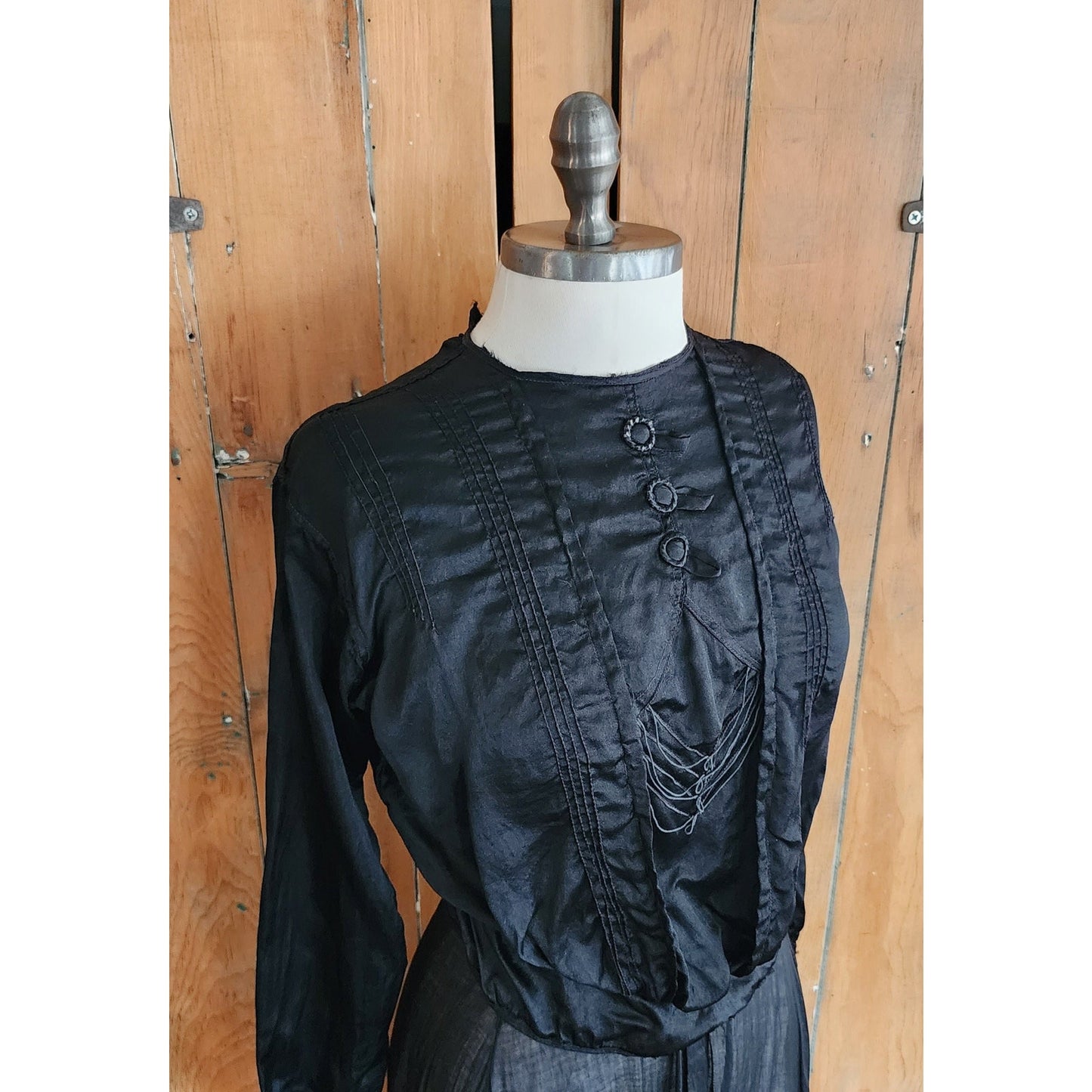 Antique Edwardian Black Blouse Embroidered 1900s Shirt Long Sleeves