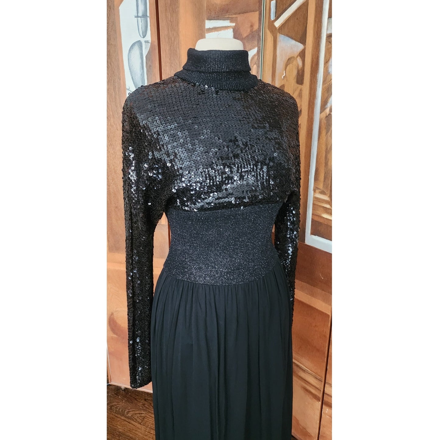 Vintage 1970s Black Maxi Dress Silk Knit Sequined Lurex Pat Sandler Dress Long Sleeve S