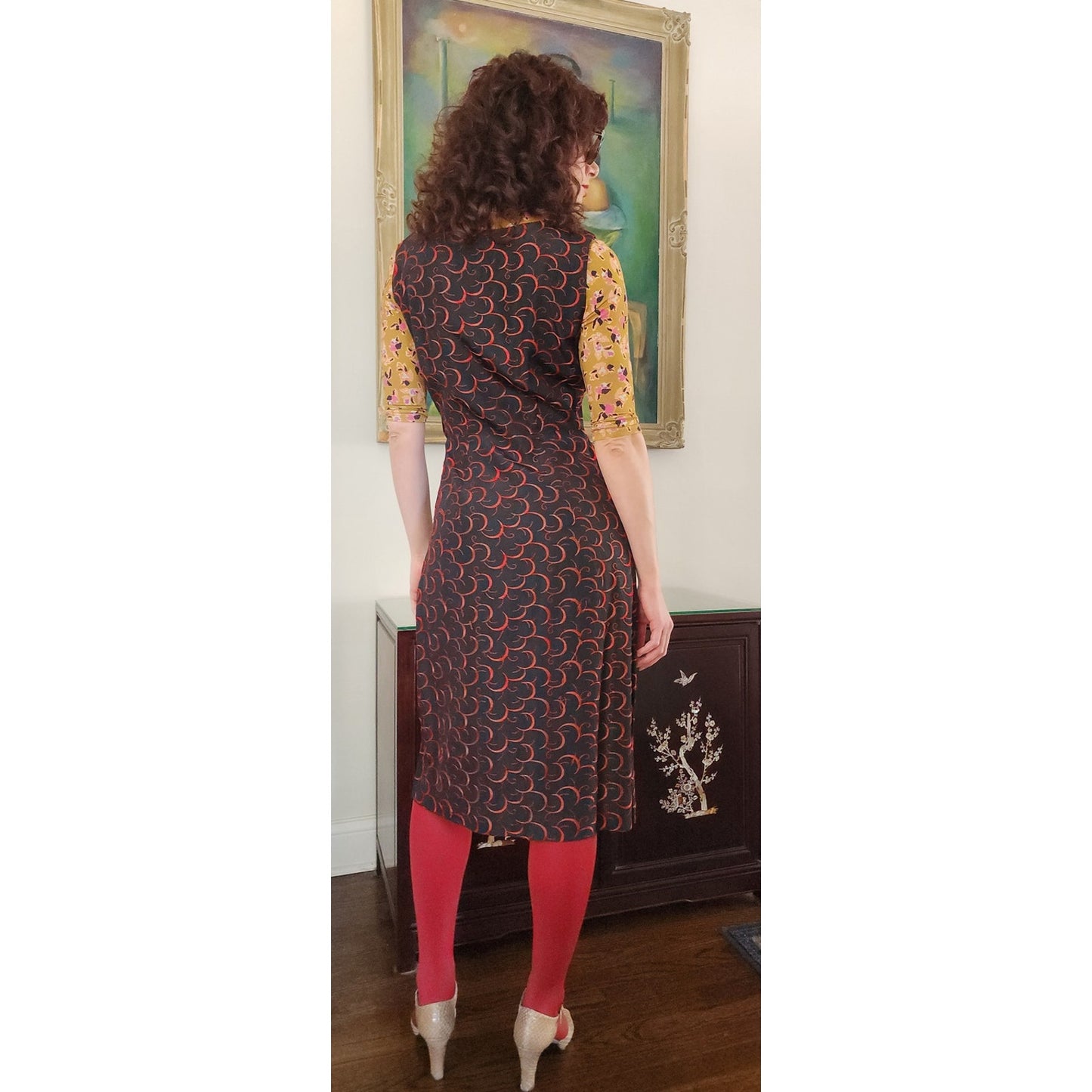 Vintage 1960s Embroidered Dress Red on Black Crescent Moon / Medium