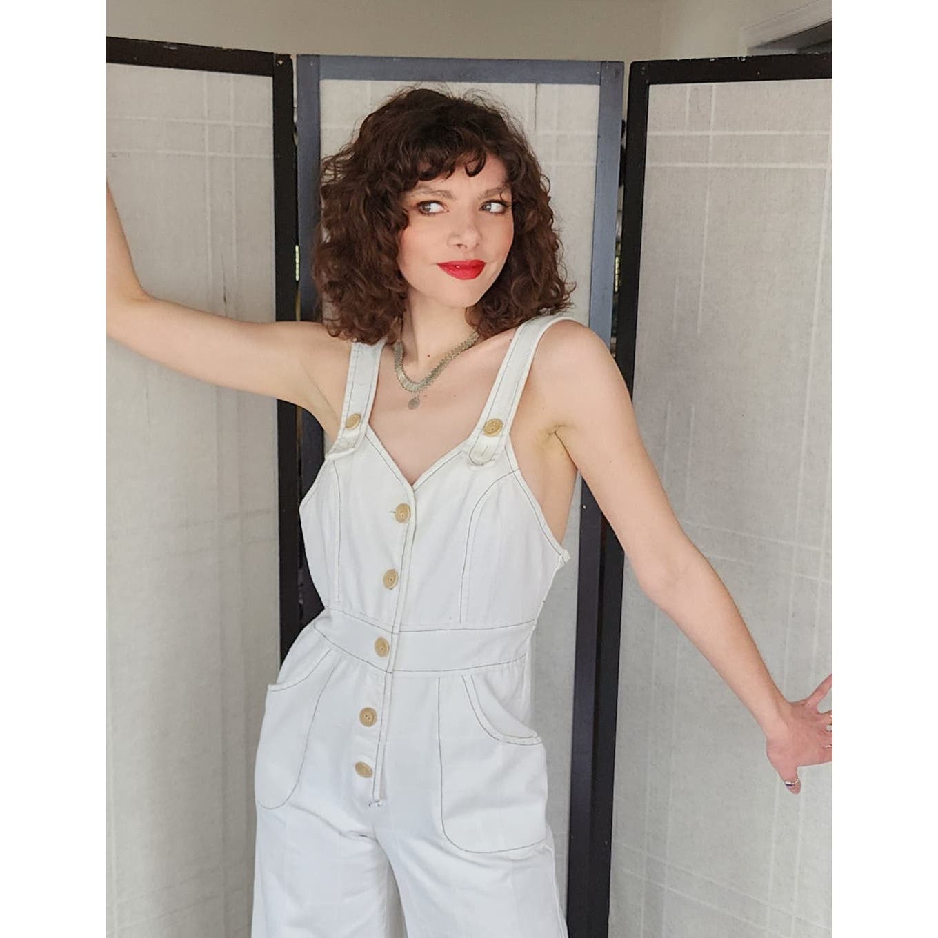 Vintage 70s Jumpsuit in White Cotton Big Pockets