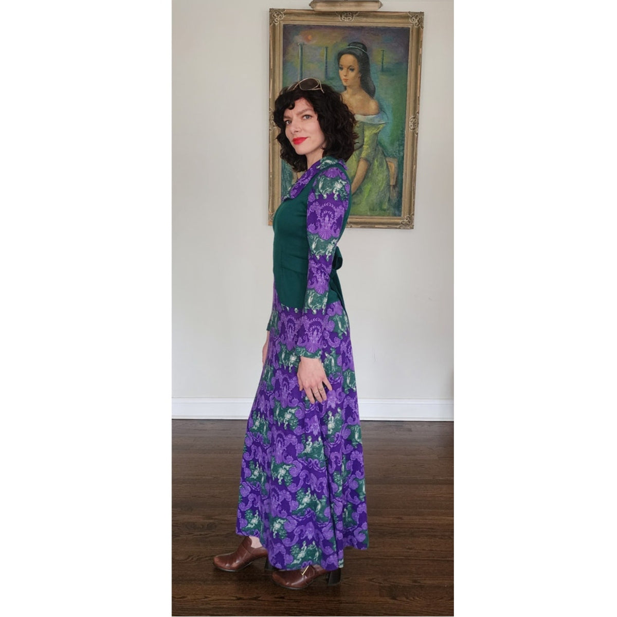 Vintage 1970s Maxi Dress Purple Green French Toile Print Renaissance Baroque Boho Witch Princess