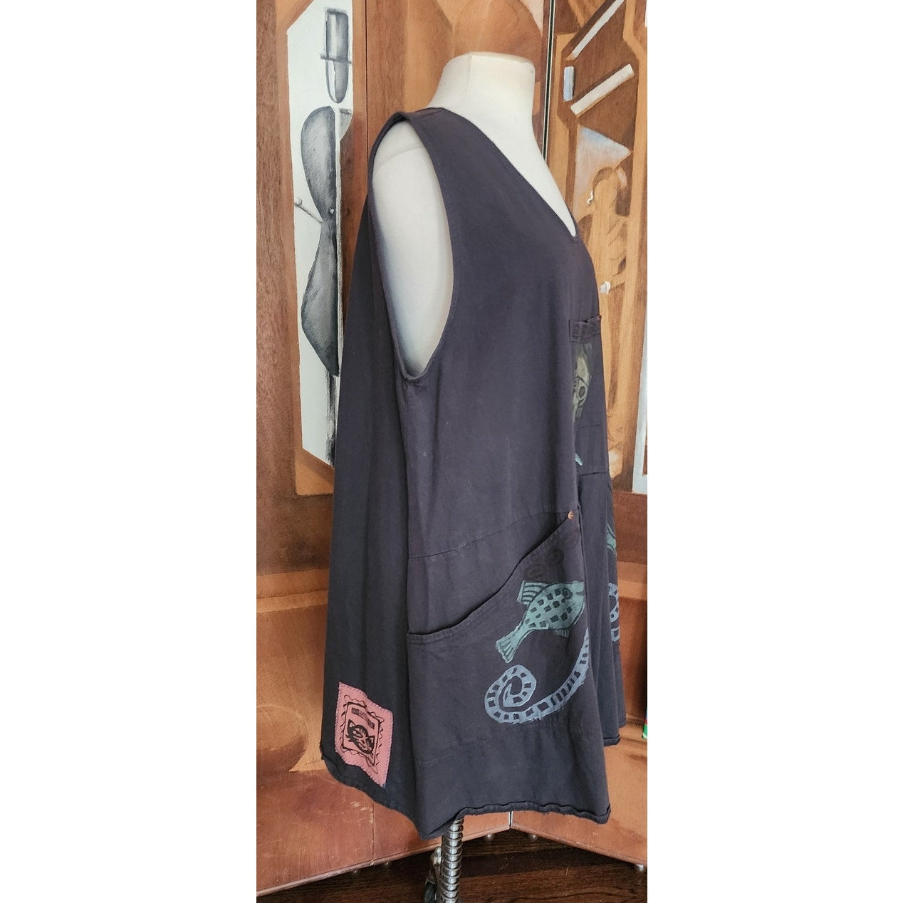 Vintage 90s Blue Fish Jumper Dress Gray 1995 Cat Print Apron Tunic Pinafore Sundress