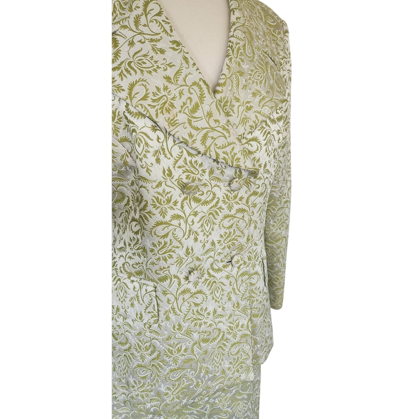 Vintage 80s ESCADA COUTURE Skirt Suit Green Cream Silk Jacquard Leafy Print / L
