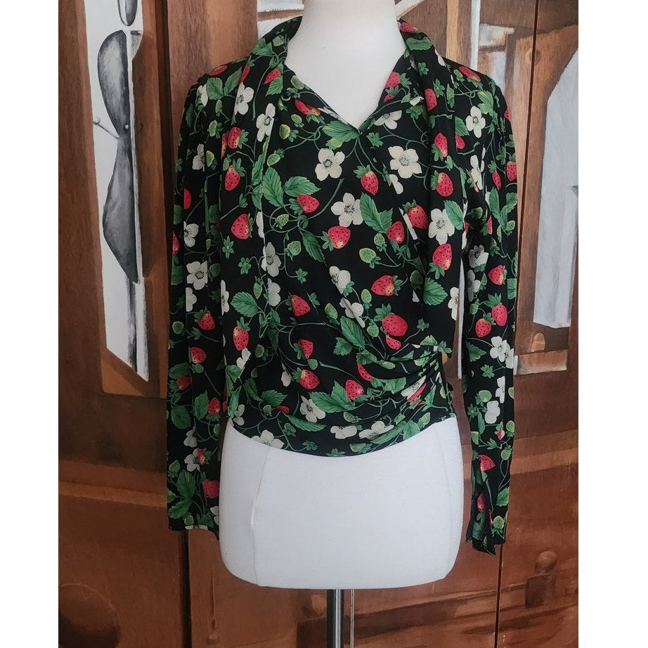 Vintage 1980s Emanuel Ungaro Parallele Blouse Strawberry Floral Print Silk Long Sleeve Shirt