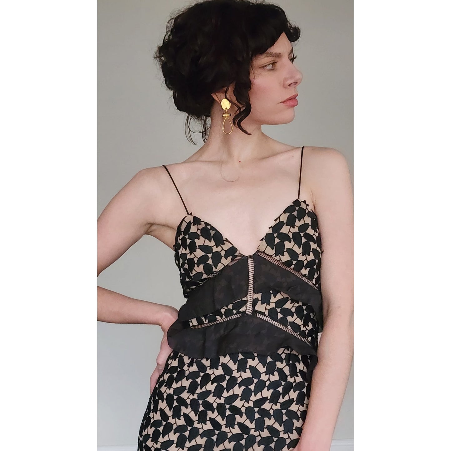 SELF PORTRAIT Evening Dress Aaliyah Organza Ruffled Black Guipure Lace Gown Spaghetti Straps