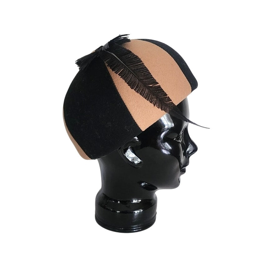 Vintage 60s Mod Bubble Hat Mr John Brown Black Wool felt w/Feather Helmet Style