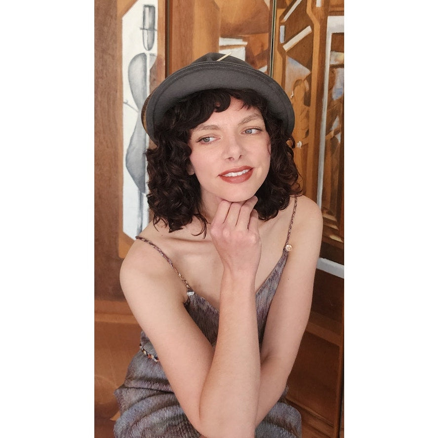 Vintage 70s HALSTON Gray Wool Felt Fedora Hat w/ Feather Wide Brim