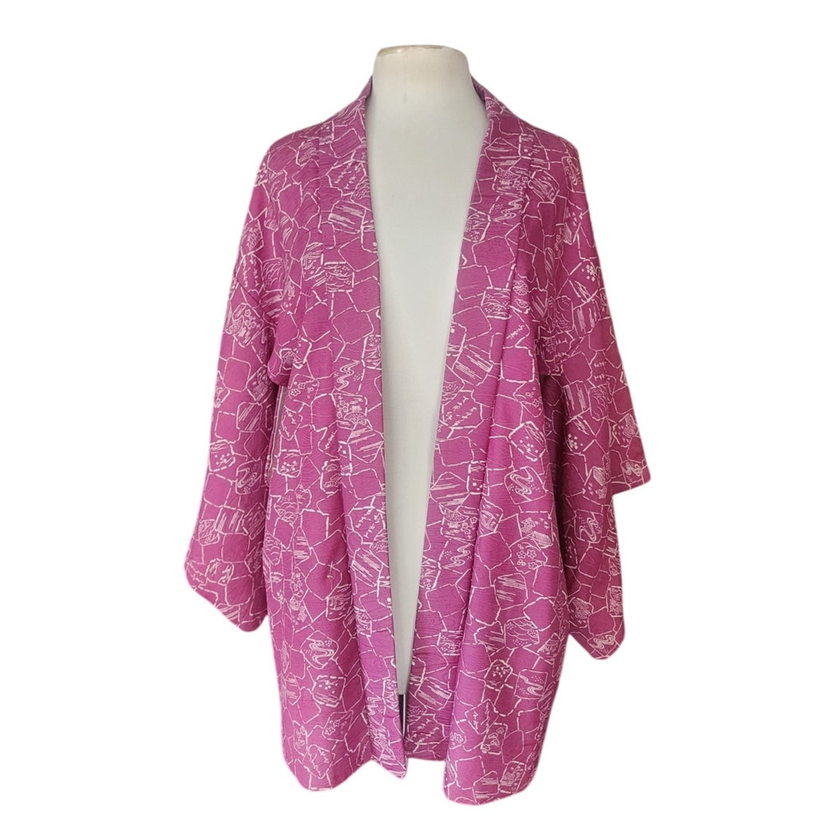 Vintage Japanese Jacket Kimono Haori Style Mauve Pink Purple White Silkprint