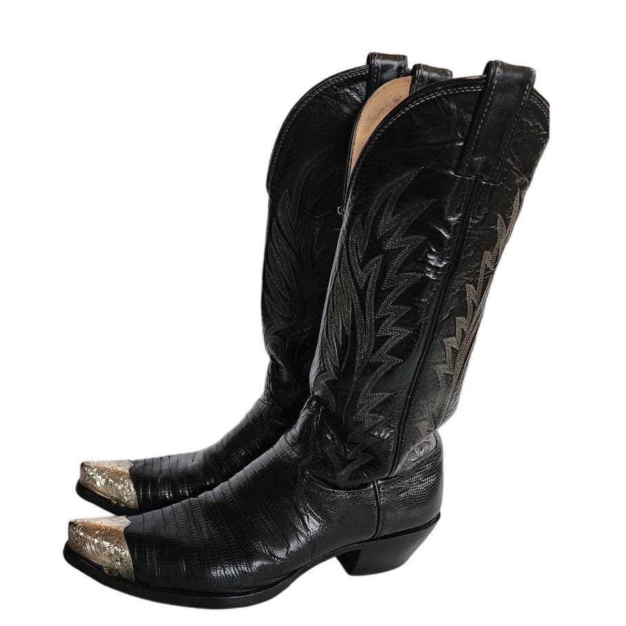 Vintage Ladies Cowboy Boots Tacco Black Tooled Leather Silver Etched Toes Snakeskin