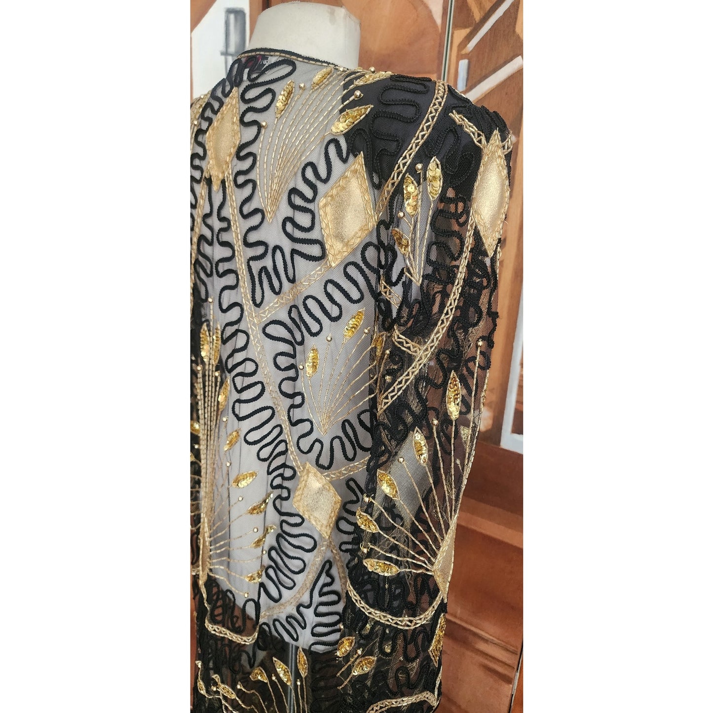 Vintage 80s Tan Chho Duster Sheer Coat Beaded Sequined Embroidered Evening Jacket Black Gold